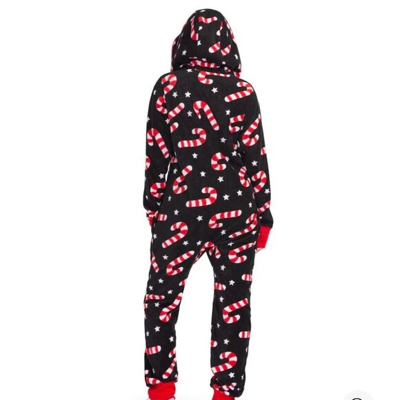 Tipsy Elves Unisex Black Candy Cane Lane Christmas Onesie Hooded Zip - Picture 2 of 4